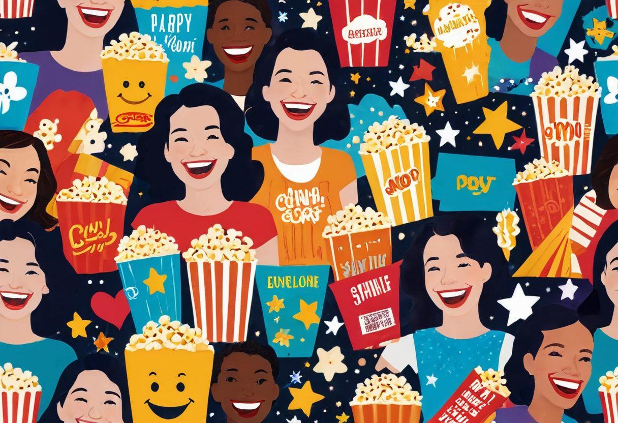 A vibrant, colorful collage of iconic uplifting movie scenes, featuring joyful characters laughing and sharing moments of happiness. Incorporate elements like popcorn, film reels, and bright spotlight effects to evoke a cinematic atmosphere. Surround the images with subtle symbols of joy, such as smiles, stars, and sunshine. This visually stimulating design should invite viewers to explore the magic of movies that bring smiles to faces. super-realistic. vibrant colors. cinematic style.