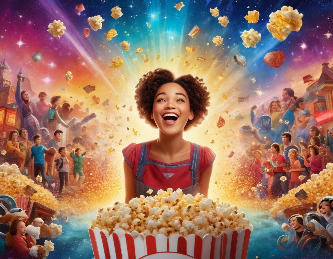 A collage of vibrant movie scenes featuring joyful characters and uplifting moments, surrounded by swirling sparkles and light bursts that represent happiness. Include iconic film elements like popcorn, tickets, and film reels, all in warm, inviting colors. The background should convey a sense of optimism and positivity, symbolizing the joy that films can bring. super-realistic. vibrant colors.
