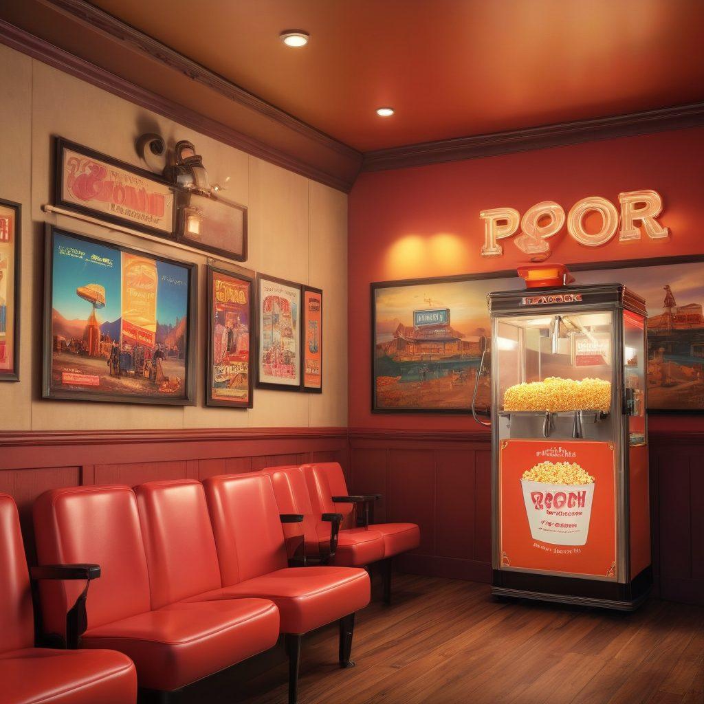 A cozy cinema scene featuring a vintage popcorn machine, comfortable seats filled with happy movie-goers, bright film posters on the walls showcasing cheerful comedies, and a large screen displaying a vibrant sunset scene from a feel-good movie. Soft, warm lighting enhances the inviting atmosphere. super-realistic. vibrant colors. 3D.